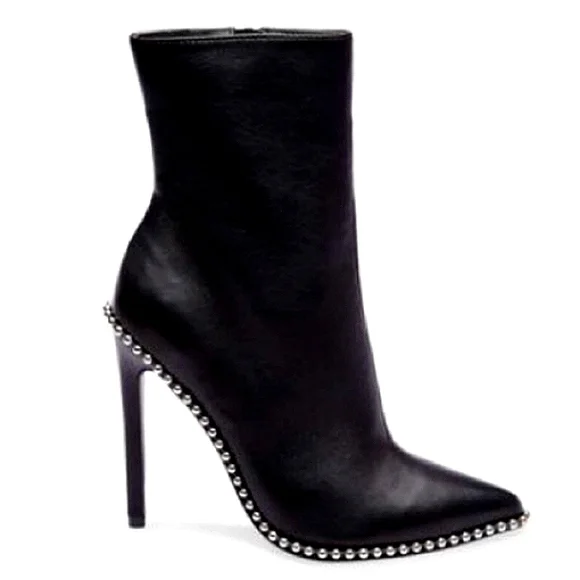 New w/Box Steve Madden Worthy Genuine Leather Studded Zip Stiletto Dress Booties - Picture 4 of 8